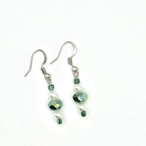 Dainty light green and glass pearl dangle earrings w/hypoallergenic silver