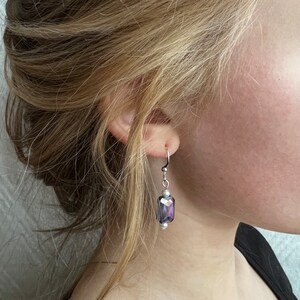 Steve. Milky Purple rectangular faceted glass earrings w/glass pearl and hypoallergenic silver.