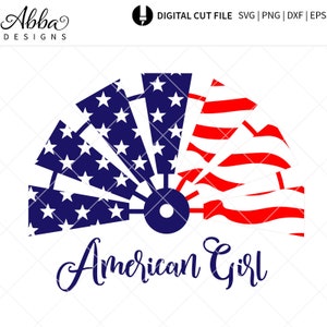 Puede incluir: Un diseño de bandera estadounidense roja, blanca y azul en forma de molino de viento con el texto "American Girl" debajo.
