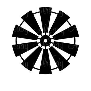 May include: Black and white silhouette of a windmill with eight blades. The windmill is a common symbol of rural life and agriculture.