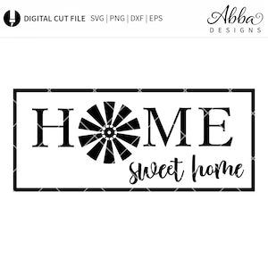 Puede incluir: Diseño gráfico en blanco y negro con el texto "HOME sweet home" y un diseño de molino de viento estilizado.