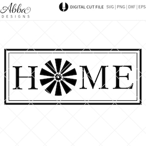 Puede incluir: Un letrero en blanco y negro con la palabra "HOME" en una fuente serif. Un diseño de molino de viento en blanco y negro se encuentra en el centro del letrero.