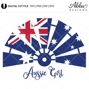 Puede incluir: Un molinillo de viento con la bandera australiana azul y roja con estrellas blancas y el texto "Aussie Girl".