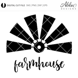 May include: Black silhouette of a farmhouse windmill with the word "farmhouse" written in cursive below it.