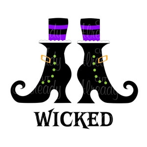 May include: Black witch boots with purple and white striped hats and the word "WICKED" in black letters.