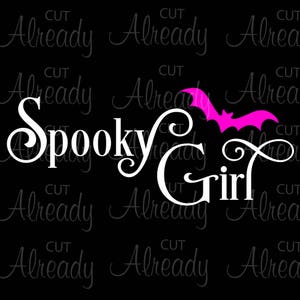 May include: White text that reads "Spooky Girl" with a pink bat silhouette above the text.