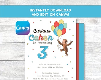 Digitale uitnodiging + Curious George Party || Aap || Boekenfeest || Verjaardagsfeestje || Nieuwsgierige aap