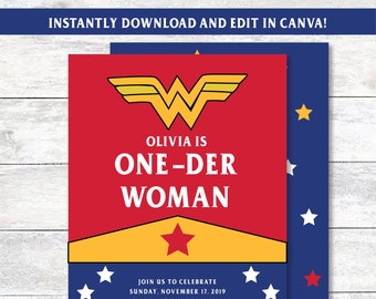 Archivo Digital Instantáneo One-Der Woman // Mujer Maravilla // Archivos Canva // 1er Cumpleaños // Superhéroe // Archivos Digitales
