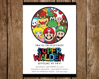 May include: A colorful invitation for a Super Mario themed party. The invitation features a circle with various Super Mario characters, including Mario, Luigi, Peach, Bowser, Toad, and Yoshi. The text reads "Join us to celebrate Super Walden Leveling Up to 5! Saturday, September 19, 2020 Walden's Universe - 5554 North Grove RSVP to Princess Peach - 555-555-5555"