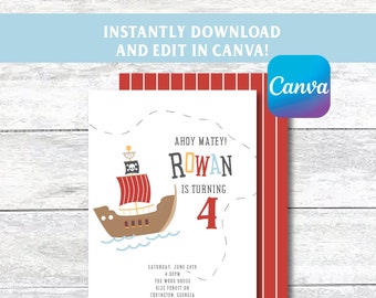 PIRAT EINLADEN || CANVA Einladen || Piratenparty || Geburtstagsparty || Piratenschiff || Sofortiger digitaler Download