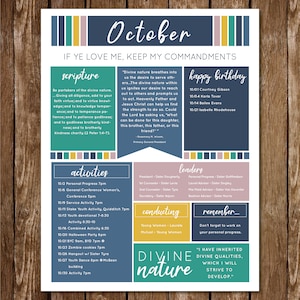 May include: A colorful October calendar with the text "If Ye Love Me, Keep My Commandments." It includes sections for scripture, activities, leaders, and a quote about divine nature. The design features a teal, pink, and yellow color scheme.