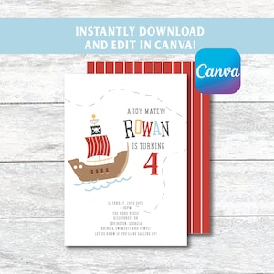 May include: Ahoy Matey! A white and red pirate ship birthday invitation for Rowan's 4th birthday party. The invitation includes the date, time, and location of the party. It also asks guests to bring a swimsuit and towel.