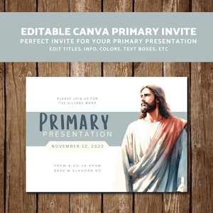 May include: An invitation with the text "EDITABLE CANVA PRIMARY INVITE" on a wooden background. The invitation includes the text "PRIMARY PRESENTATION" and the date "NOVEMBER 12, 2023". A watercolor illustration of a man is on the right side.
