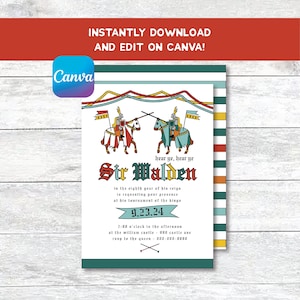 May include: A printable invitation for a medieval-themed event. The invitation features a colorful illustration of two knights on horseback jousting. The text reads "hear ye, hear ye Sir Walden in the eighth year of his reign is requesting your presence at his tournament of the kings 9.23.24 2:00 o'clock in the afternoon at the William castle 999 castle ave rsup to the queen 000-000-0000".
