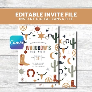 First Rodeo birthday invite, cowboy, western theme, canva digital download file, editable file, cactus, first birthday theme idea