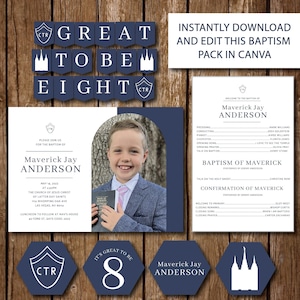 May include: A blue and white printable baptism invitation with a photo of a young boy in a white shirt and tie holding a book. The invitation includes the text "Maverick Jay Anderson" and the date "May 14, 2023".