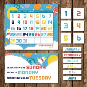 CALENDARIO // Ayer fue, hoy es, mañana será // Calendario espacial azul // Preescolar // Jardín de infantes