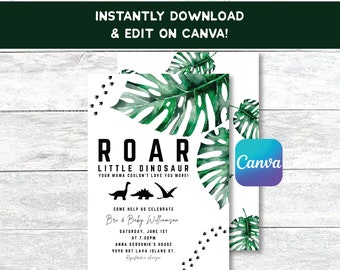 Chá de bebê dinossauro || Chá de bebê rugido || Rugido Pequeno Dinossauro || Download Digital Instantâneo || Arquivo Canva || Futura mamãe || Verdes Tropicais