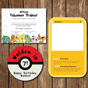 May include: A red and white Pokemon-themed birthday card with a Pokeball design and the text "Walden is 7! Happy Birthday, Walden!"