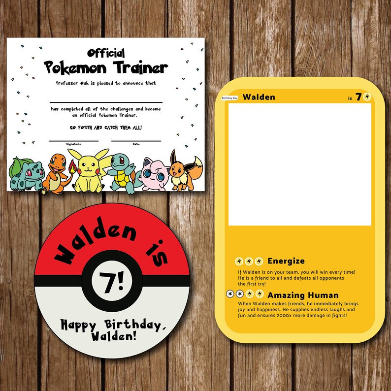 May include: A red and white Pokemon-themed birthday card with a Pokeball design and the text "Walden is 7! Happy Birthday, Walden!"
