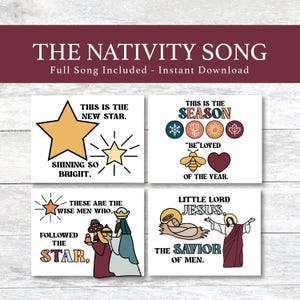 May include: Four square art prints with Christmas illustrations and text. The prints feature stars, wise men, and religious figures, with phrases like "The Nativity Song" and "Little Lord Jesus".