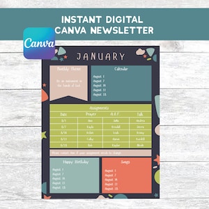 Puede incluir: Una plantilla de boletín digital imprimible para enero con un diseño abstracto colorido. La plantilla incluye secciones para un tema mensual, un calendario, asignaciones, cumpleaños y canciones. El texto "Sé un instrumento en las manos de Dios" está incluido en la sección del tema mensual.