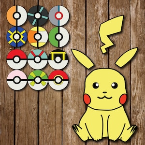 May include: A yellow cartoon character with red cheeks and black eyes, resembling a Pikachu, is sitting on a wooden background.  The character is surrounded by 12 colourful circles with different designs.