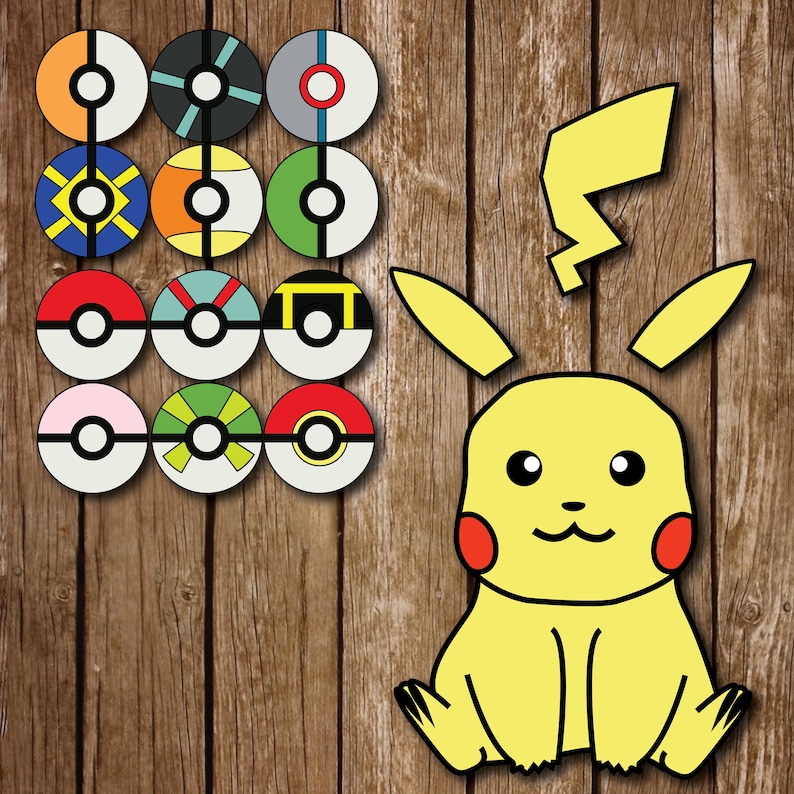 May include: A yellow cartoon character with red cheeks and black eyes, resembling a Pikachu, is sitting on a wooden background.  The character is surrounded by 12 colourful circles with different designs.