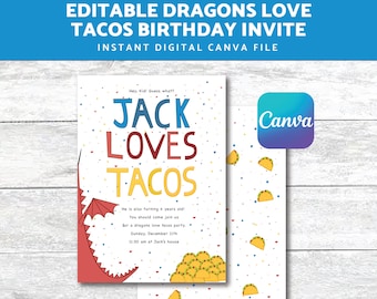 DRAGONS LOVE TACOS Party || Canva File || Taco Party || Birthday Fiesta || Hey Kid || Instant Digital Download