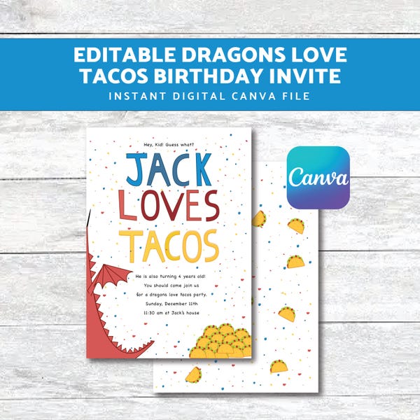 DRACHEN LIEBEN TACOS Party || Canva-Datei || Taco Party || Geburtstags-Fiesta || Hallo Kind || Sofortiger digitaler Download
