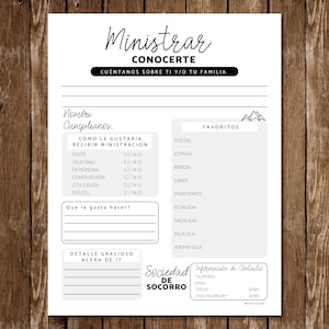 May include: A printable worksheet in black and white with the title "Ministrar Conocer" and the text "Cuentanos sobre ti y/o tu familia". The worksheet is divided into sections with headings such as "Nombre Cumpleanos", "Como le gustaria recibir ministracion", "Favoritos", "Que le gusta hacer?", "Detalle gracioso acera de it", "Sociedad de Socorro", and "Informacion de Contacto".