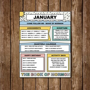 May include: A colorful printable calendar for January with the theme "Come Follow Me - Book of Mormon". It includes assignments, scripture, a quarterly calendar, happy birthday dates, and activity days.