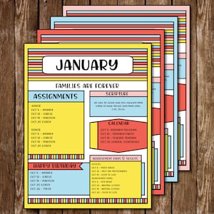 May include: A printable calendar for January with a yellow, pink, and blue color scheme. The calendar includes assignments, scripture, a calendar of events, and happy birthday dates. The text "Families are Forever" is at the top of the calendar.