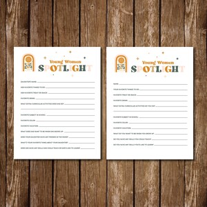 May include: Two printable cards with a light brown, green, and yellow color scheme. The cards have the text "Young Women Spotlight" and a list of questions to ask a young woman. The questions are about her favorite things, activities, and future goals.