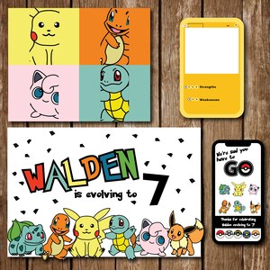May include: A colourful birthday party invitation featuring a Pokemon theme. The invitation says "Walden is evolving to 7". The invitation features a variety of Pokemon characters, including Bulbasaur, Charmander, Squirtle, Pikachu, and Jigglypuff.