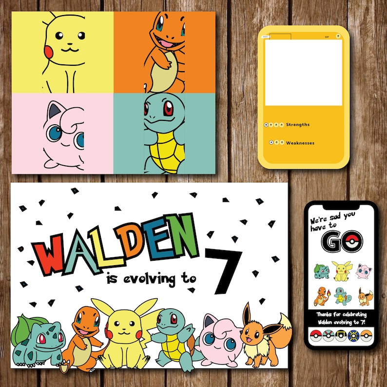 May include: A colourful birthday party invitation featuring a Pokemon theme. The invitation says "Walden is evolving to 7". The invitation features a variety of Pokemon characters, including Bulbasaur, Charmander, Squirtle, Pikachu, and Jigglypuff.