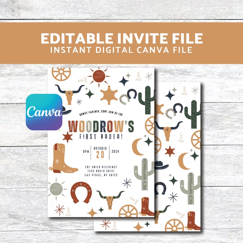 First Rodeo birthday invite, cowboy, western theme, canva digital download file, editable file, cactus, first birthday theme idea