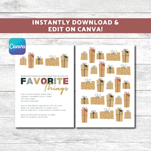 Fiesta de cosas favoritas // Archivo Canva // Fiesta con temática navideña // Paquetes de papel marrón // Fiesta de invierno