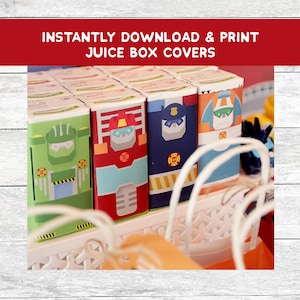 May include: Printable juice box covers featuring Transformers characters. The covers are in green, red, blue, and yellow with images of the robots. The text "INSTANTLY DOWNLOAD & PRINT JUICE BOX COVERS" is at the top of the image.