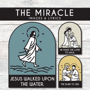 May include: A set of three religious-themed art prints. The prints feature line drawings of biblical scenes, including Jesus walking on water, healing the lame, and restoring sight to the blind. The text "THE MIRACLE" and "IMAGES & LYRICS" are at the top.