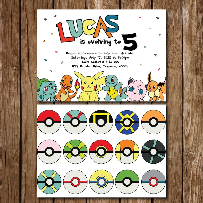 May include: A birthday invitation for a boy named Lucas turning five. The invitation features a Pokemon theme with the text "Lucas is evolving to 5" and images of Pokemon characters. The invitation also includes a grid of 18 Pokemon Pokeball designs.
