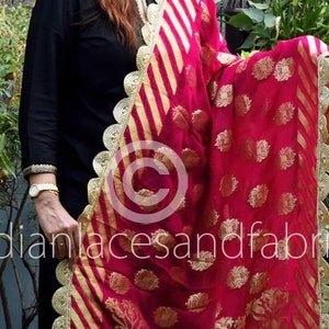 Magenta Georgette Dupatta Braut Hochzeit Lehenga schwerer Chunni Schleier Brokatschal indischer Stoff Kleider Kostüm Geschenk für ihre Braut