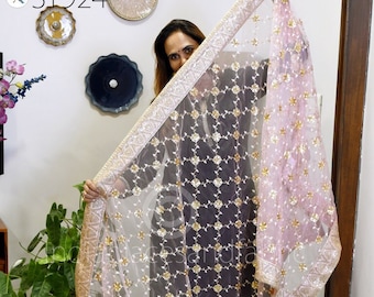 Embroidered Pink Net Dupatta | Indian Women Wedding Long Dupatta with Gold Sequin | Ethnic Dress Chunni Lehenga Stoles / Veil Head Scarf