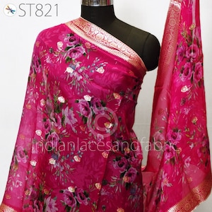 Magenta Floral Organza Dupatta | Gold Brocade Border Indian Printed Wedding Scarf | Gift for Women Party Wear Lightweight Ethnic Dupatta