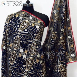 Navy Blue Embroidered Georgette Dupatta | Heavy Thread Work Stole | Gift a Indian Ethnic Dupatta | Designer Party Wear Scarf | Wedding Shawl
