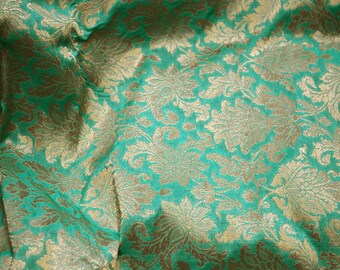 Dark Blue Sale by Half a Yard Sea Green Gold Woven Brocade Sari Silk Floral Gold Weaved Indian Brocade Silk Shiny Decorative Textiles
