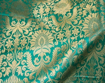 Dark Blue Sale by Half a Yard Sea Green Gold Woven Brocade Sari Silk Floral Gold Weaved Indian Brocade Silk Shiny Decorative Textiles