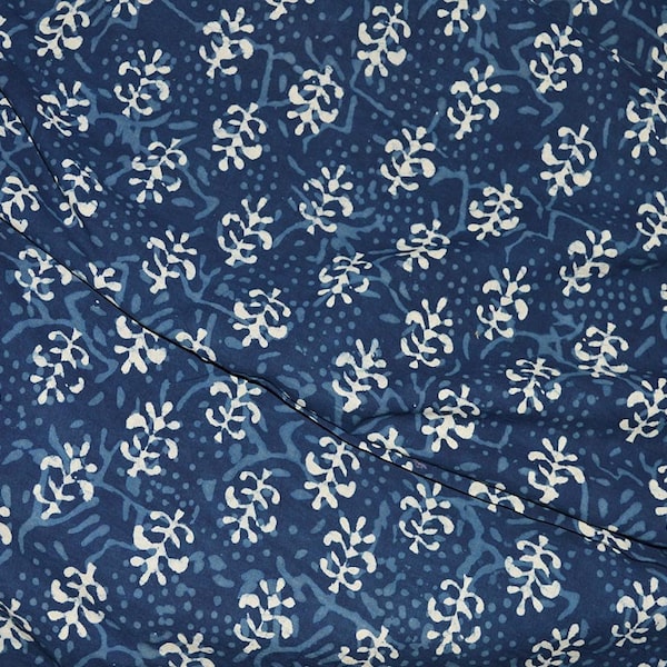 Indigo Fabric Floral Print Cotton Fabric Hand Stamped Vegetable Dye Indigo Fabric Sold by Yard Summer Dresses Kurta Curtains Home Decor