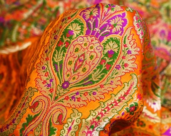 Orange Brocade Fabric by the Yard Indian Banarasi Winter Wedding Dress Brides Mother Knee Length Coat Theatrical Historic Costumes