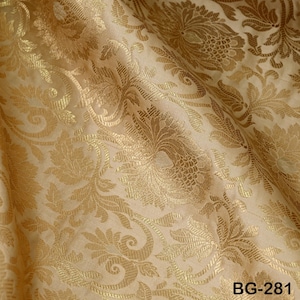 Brocade Fabric Beige Gold Banaras Brocade party wear Lehenga Skrit Fabric Banarasi Blended Silk Fabric Brocade Fabric by the Yard